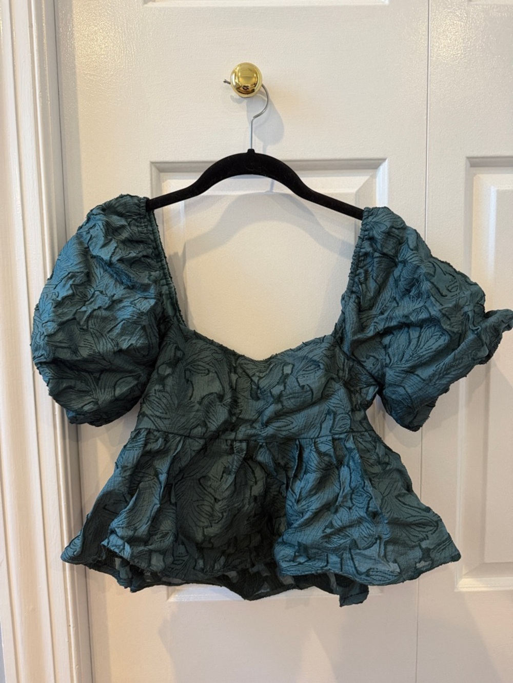 Altar'd State Teal Textured Puff-Sleeve Peplum Top